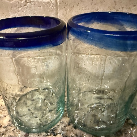 Tumblers - Hand Blown in Mexico Set of 4 - 14 oz Cobalt Blue Rim. Vintage - Picture 2 of 3